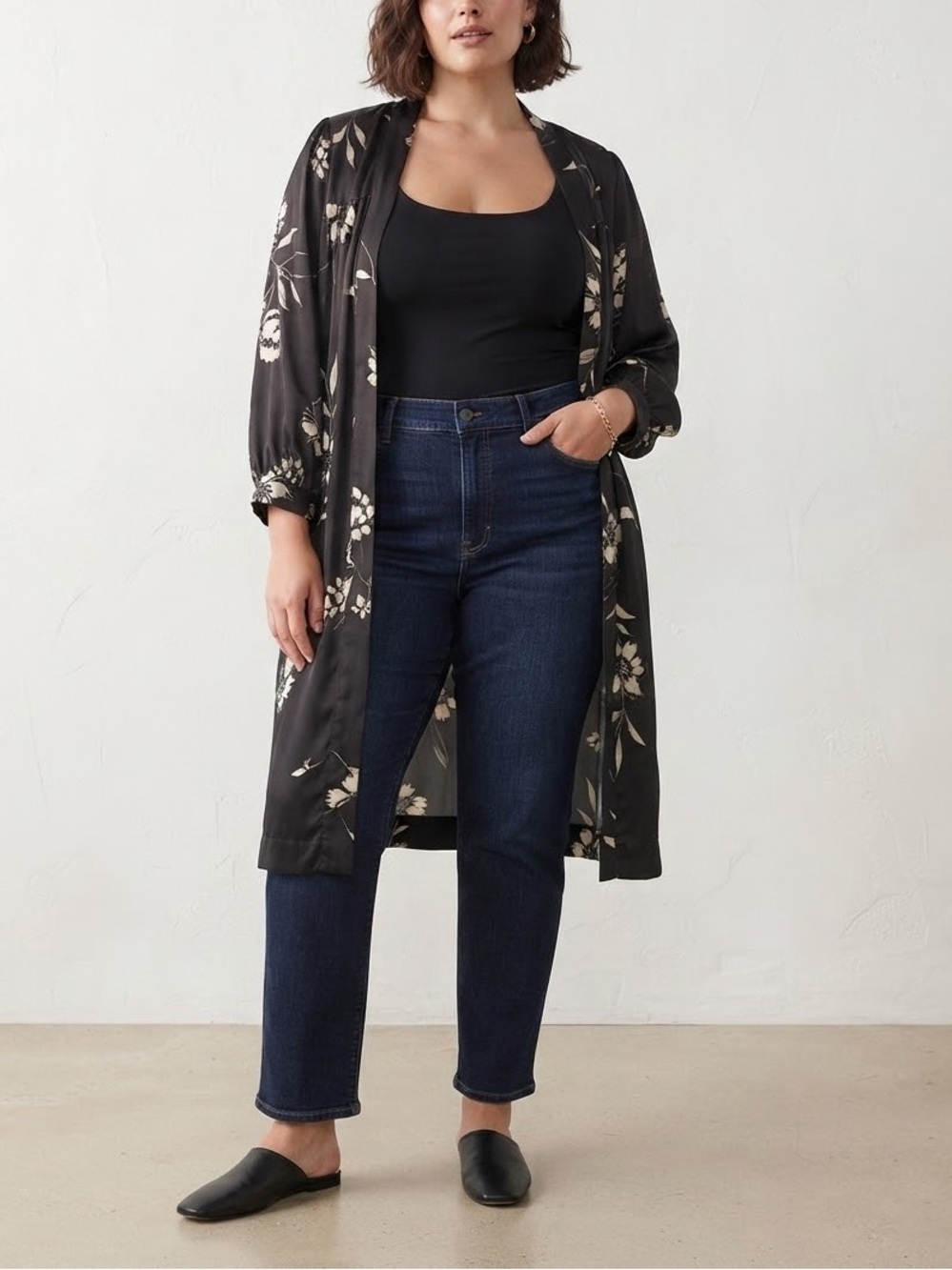 saltwater LUXE Black Duster with Cream Floral Print
